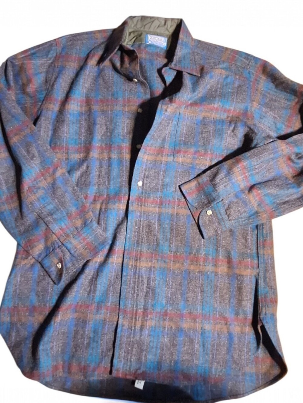 Vintage Men’s Pendleton Shadow Plaid Lodge Flannel Wool Sz Large Blue/Brown